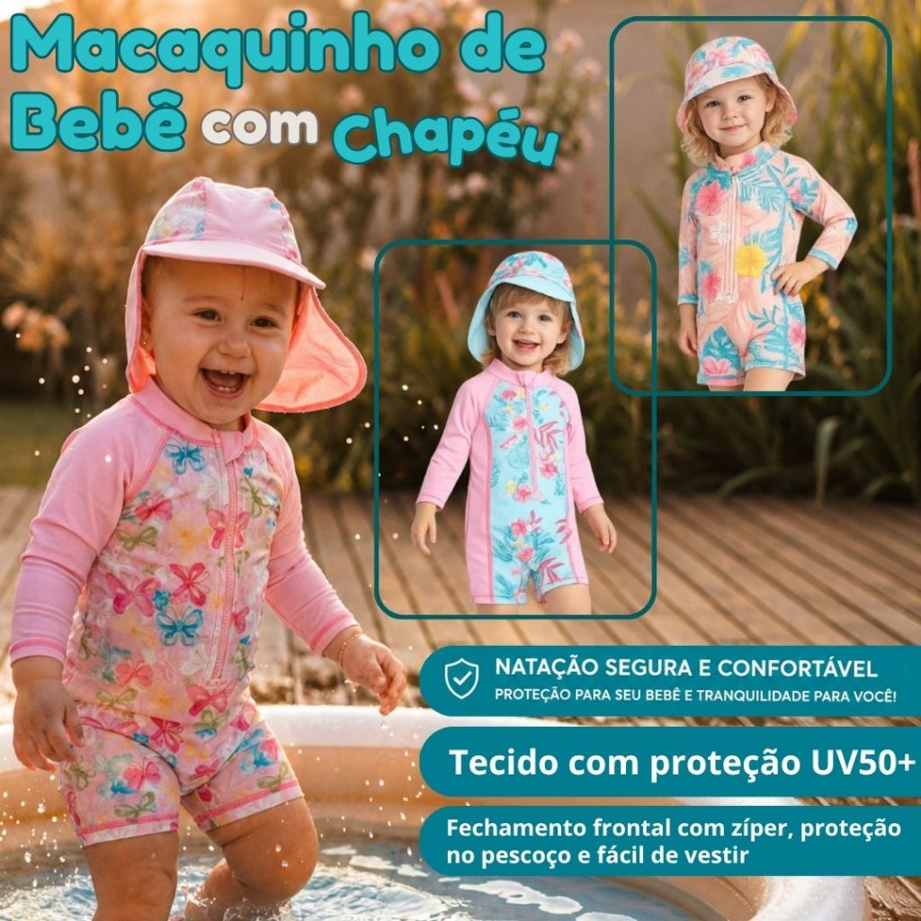 Macacão Macaquinho Maiô Bebê Menina Praia Piscina Natação Proteção UV50+ Com Chapéu Pulpo By Acqua Di Mare