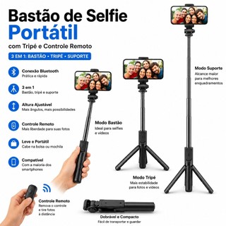 Bastão de Selfie Portátil com Tripé e Controle Remoto para iPhone, Android, Moto e Samsung