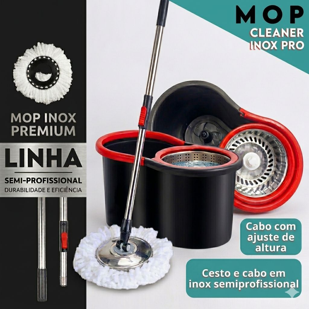 Mop Esfregão Giratório Balde E Cabo Inox Regulável Anti-Ferrugem Semi-Pro