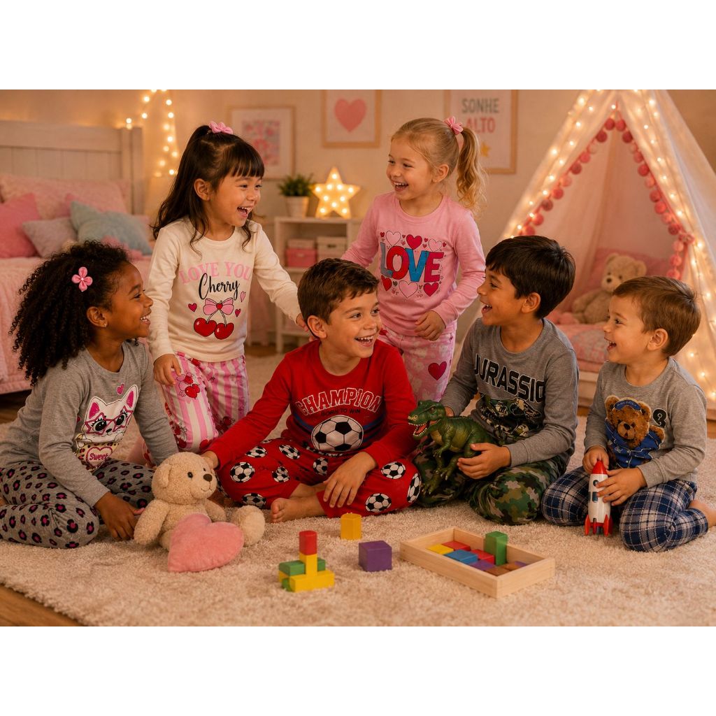 Kit 4 Peças Pijama Brilha no Escuro Sortido Infantil Menino e Menina Inverno Roupa Infantil
