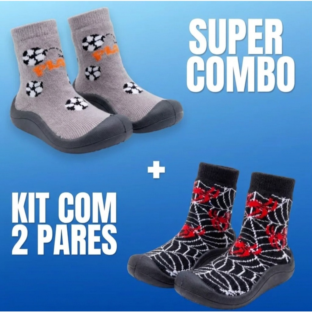 Kit 2 Pares Meia com Sola Menino Bebê Infantil Antiderrapante Praticidade Macio Segurança Respirável