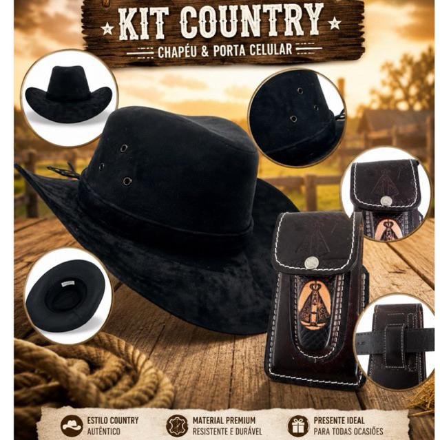 Chapéu Country + Porta Celular em Couro Legítimo kit 2 Peças