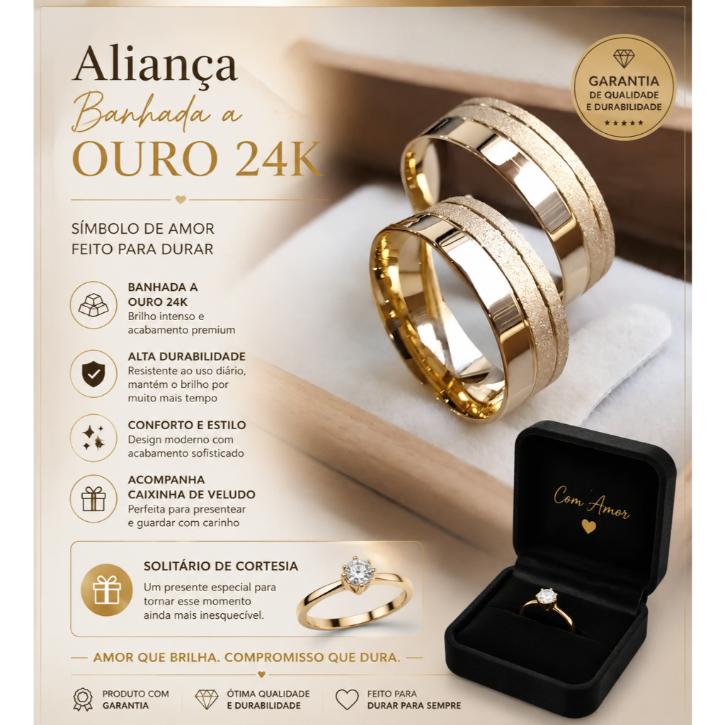 Par de Aliança Tungtênio Banhada a Ouro 24K Diamantada 2 Frisos 8mm Noivado Casamento + Solitário + Caixinha