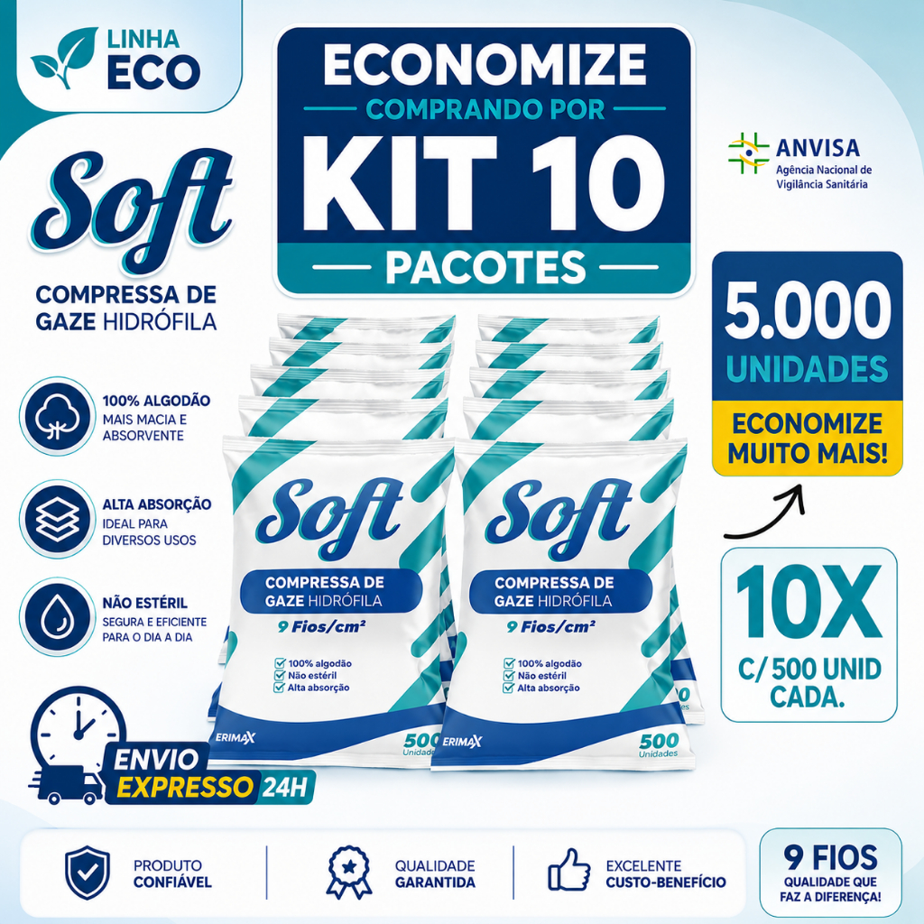 Kit 10 Compressa De Gaze 500 Unidades 9 Fios Soft Hidrófila Gazes Descartável Anvisa 5000 Unidades