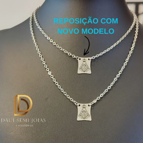 Escapulário Correntinha Nossa Senhora Aparecida 316L Prata Masculino Feminino em Aço Inoxidável Prata - 70 cm Ref: 0005