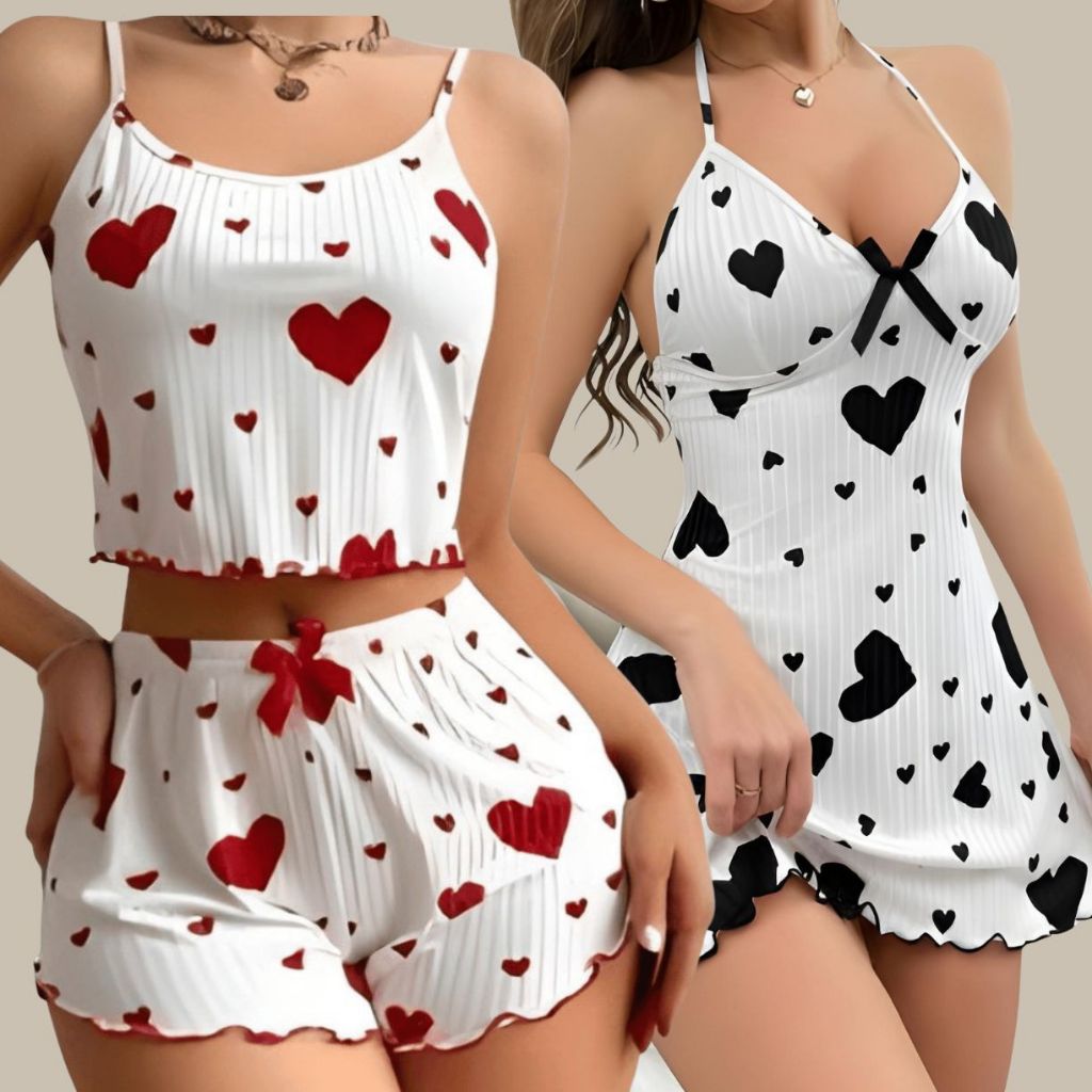 Kit 2 Pe莽as Camisola + Pijama Baby Doll Feminino Sexy Lingerie Estampado Cora莽茫o