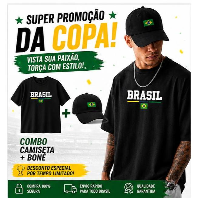 Kit Camiseta  Masculina Brasil Premium Oversized Copa + Boné Preto Bandeira Brasil Combo Streetwear