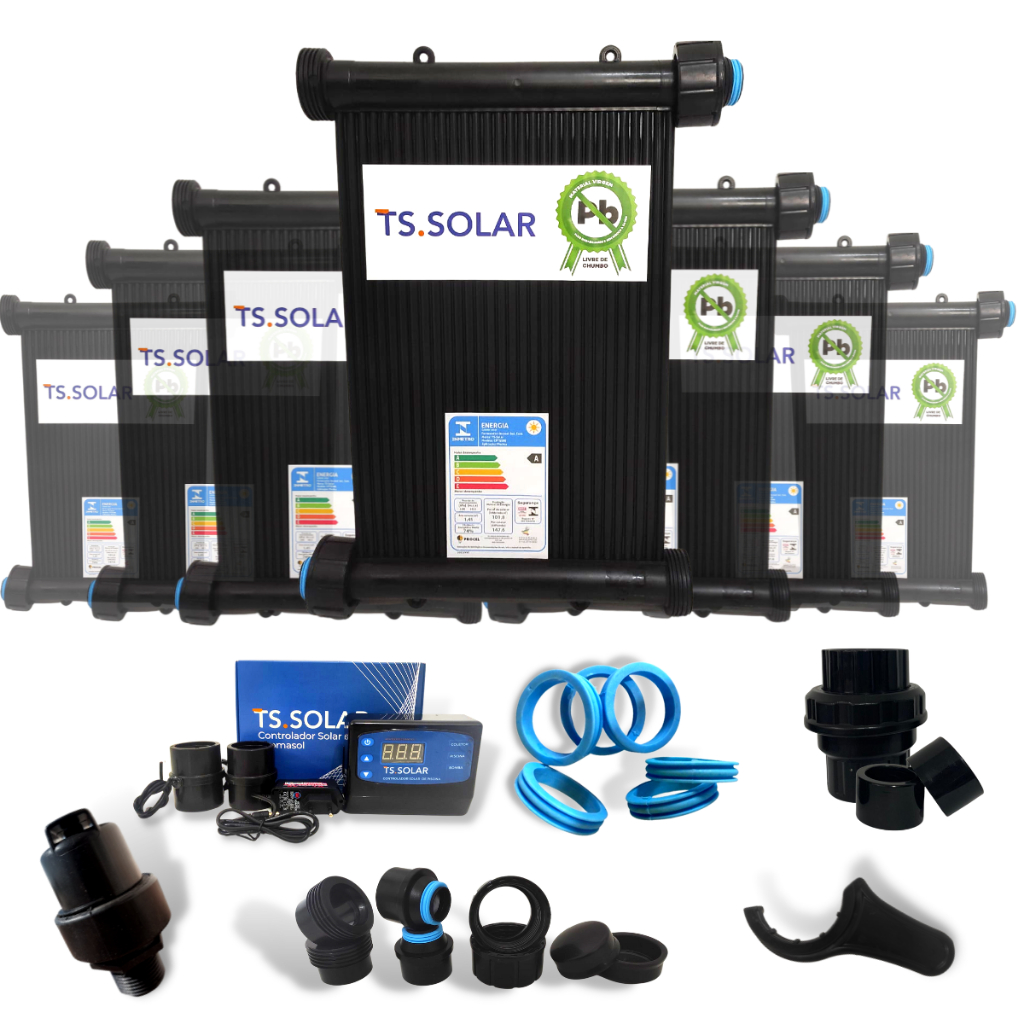 Aquecedor Solar Piscina Completo TS Solar 7 Placas 3m Kit Fechamento + Controlador Digital + Válvulas