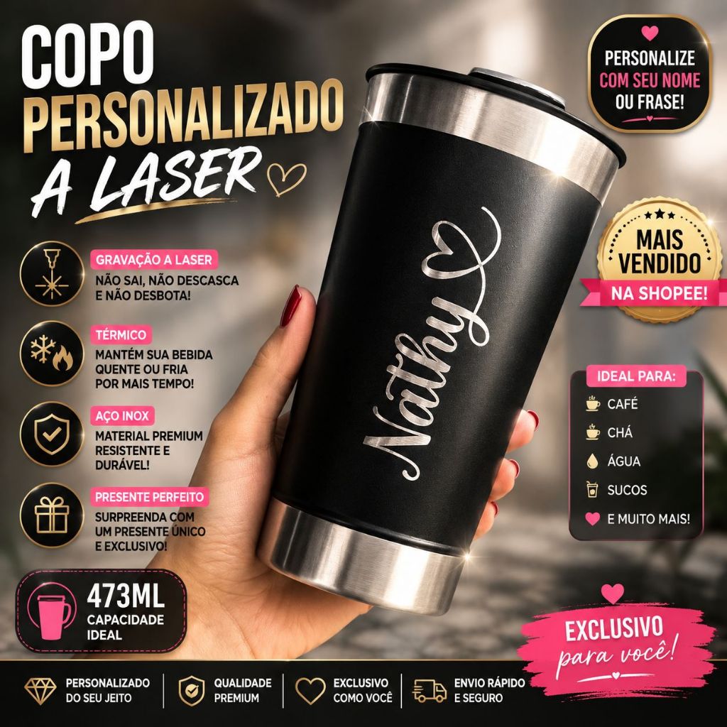 Combo Copo Térmico e Abridor Personalizados + Cordão Tirante suporte 473ml Inox com Logo a Laser - Varias Cores e Fontes