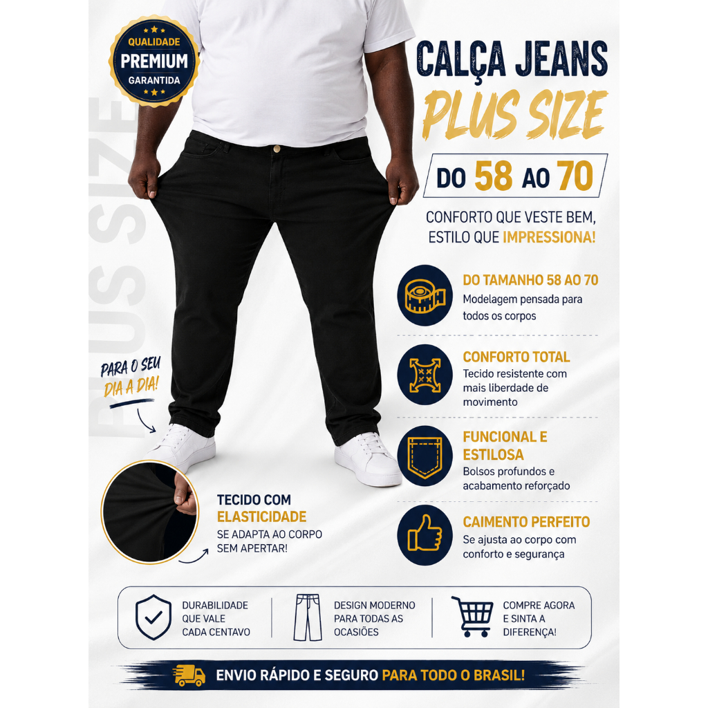 Calça Jeans Masculina Plus Size com Elastano Confortável Caimento Perfeito