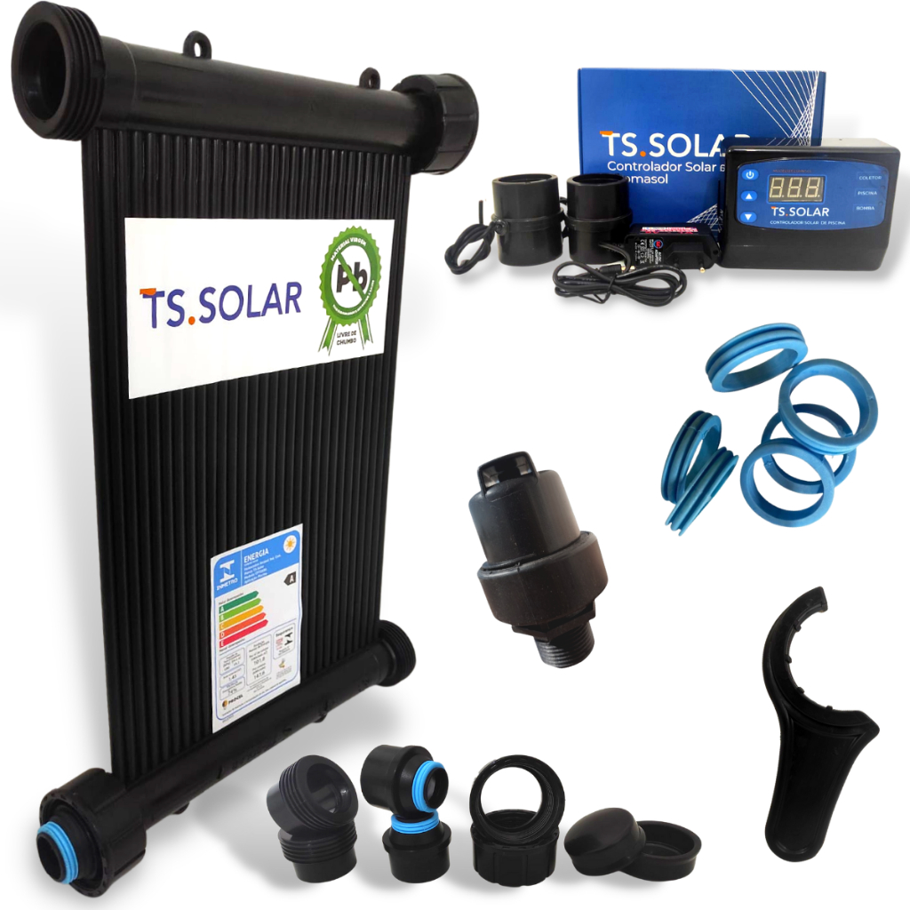 Aquecedor Solar Piscina TS Solar Kit 1 Placas 3m + Controlador + Válvula VQV + Kit Instalação