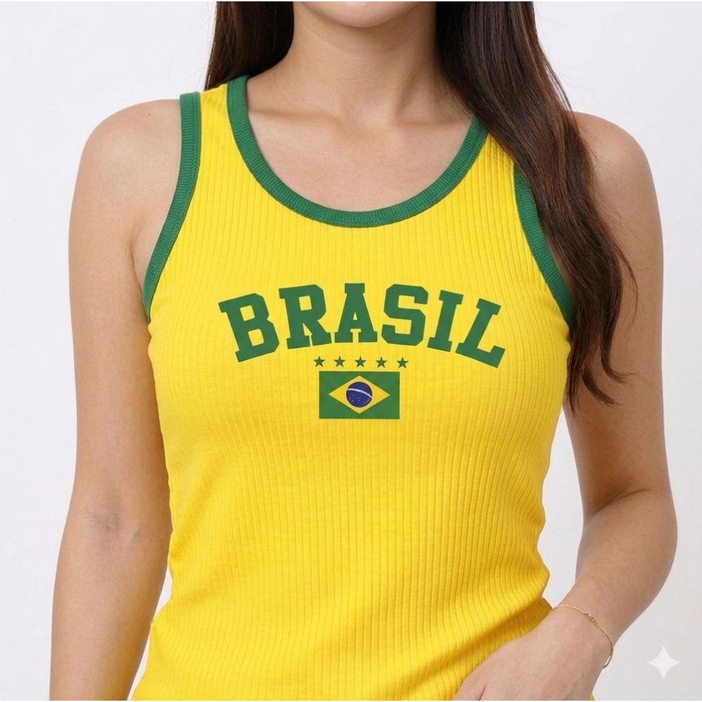 Regata Feminina Brasil Malha Canelada Amarela P M G GG Copa Do Mundo 2026 Estilosa