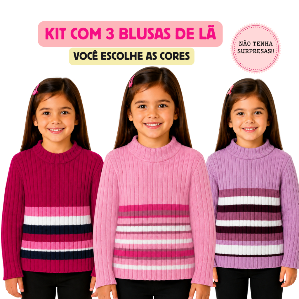 Kit com 3 Blusas de Lã Tricot Premium Infantil Para Menina (1 a 6 Anos) Canelada Com Listras