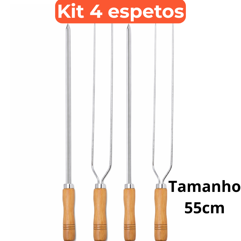 Kit Espetos Churrasco 4 Peças 2 Duplos 2 Simples 55CM Cabo Madeira Reforçado