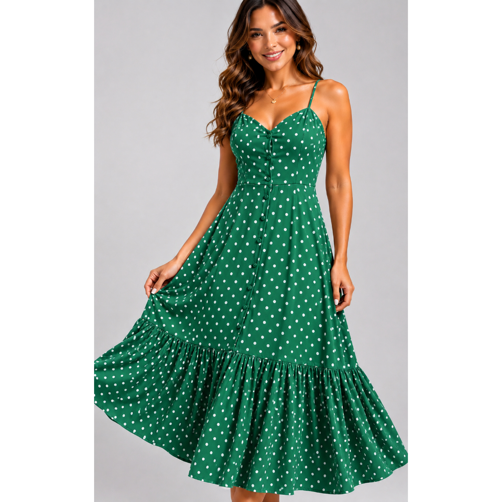 Vestido Longo Feminino com Botões Frontais, Babado na Barra e Alças Finas – Elegante e Confortável