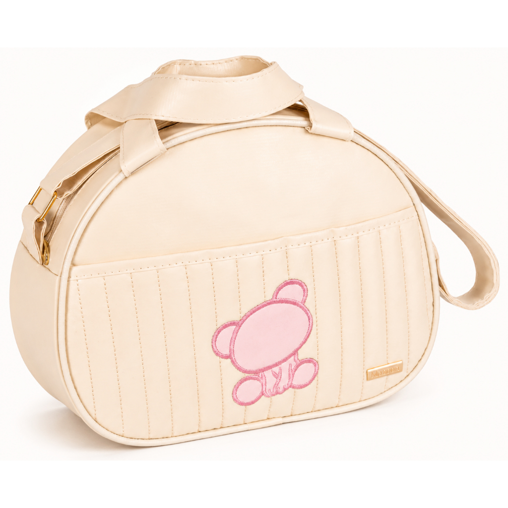 Bolsa Maternidade pequena Bege com Urso Bordado Rosa