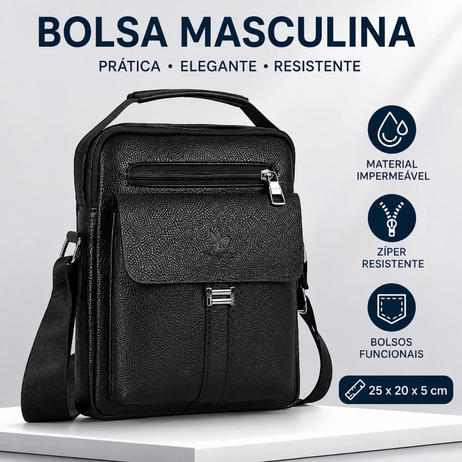 Bolsa Masculina Transversal Couro PU Impermeável Bolsa Tiracolo Executiva Casual com Zíper