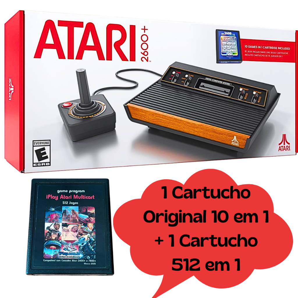 Console Atari 2600+ com Cartucho 10 em 1+ Multicart 512 Jogos em 1, Conexão HDMI, Imagem HD