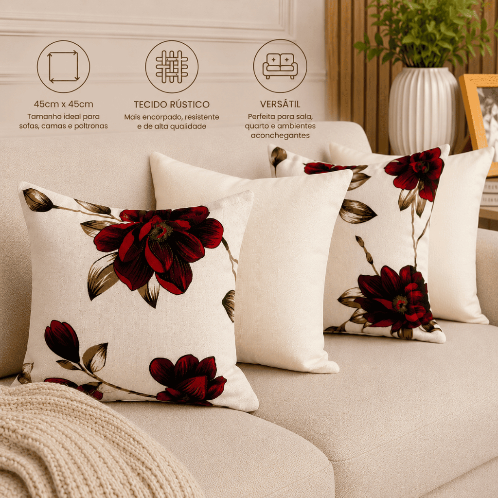 Detalhes do Kit 4 Capas de Almofada Rústica Floral 45x45cm Premium com Zíper Oculto Decoração Sofá Sala Quarto
