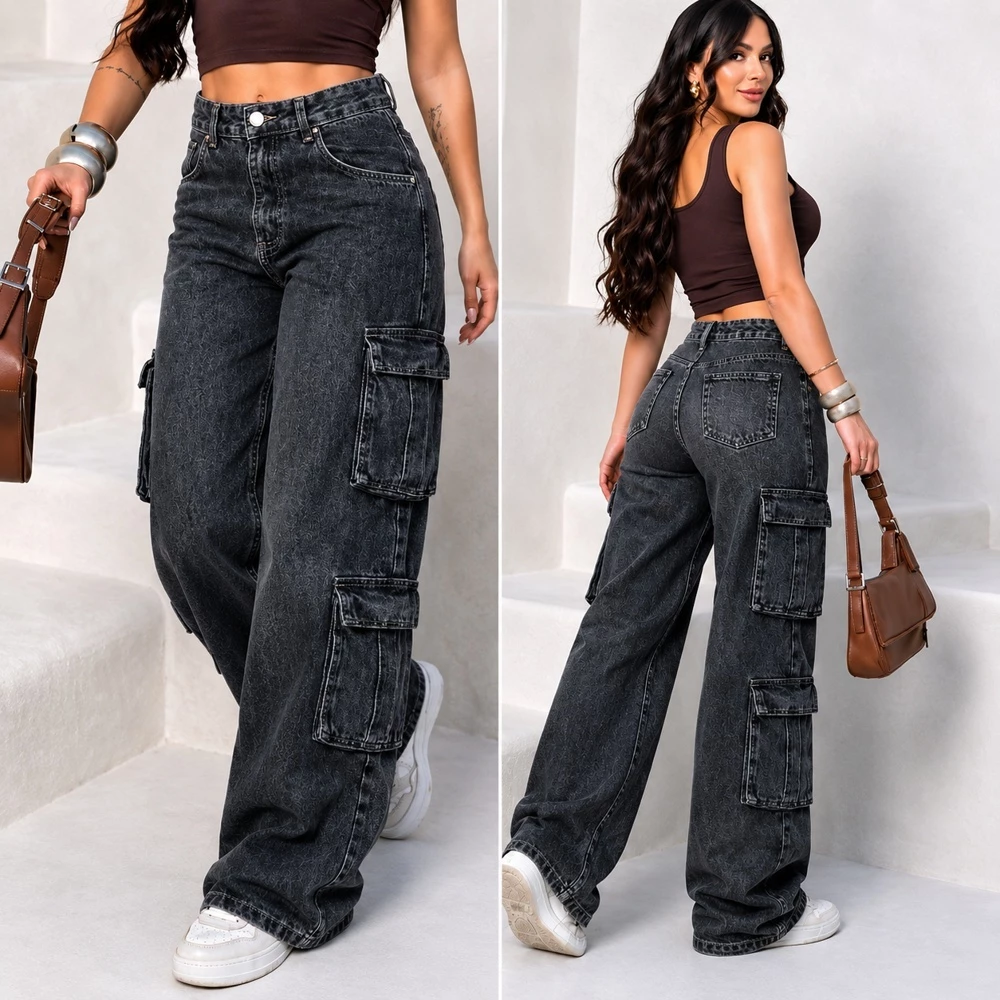 calça cargo jeans 8 bolsos 100% algodão — imagem 1