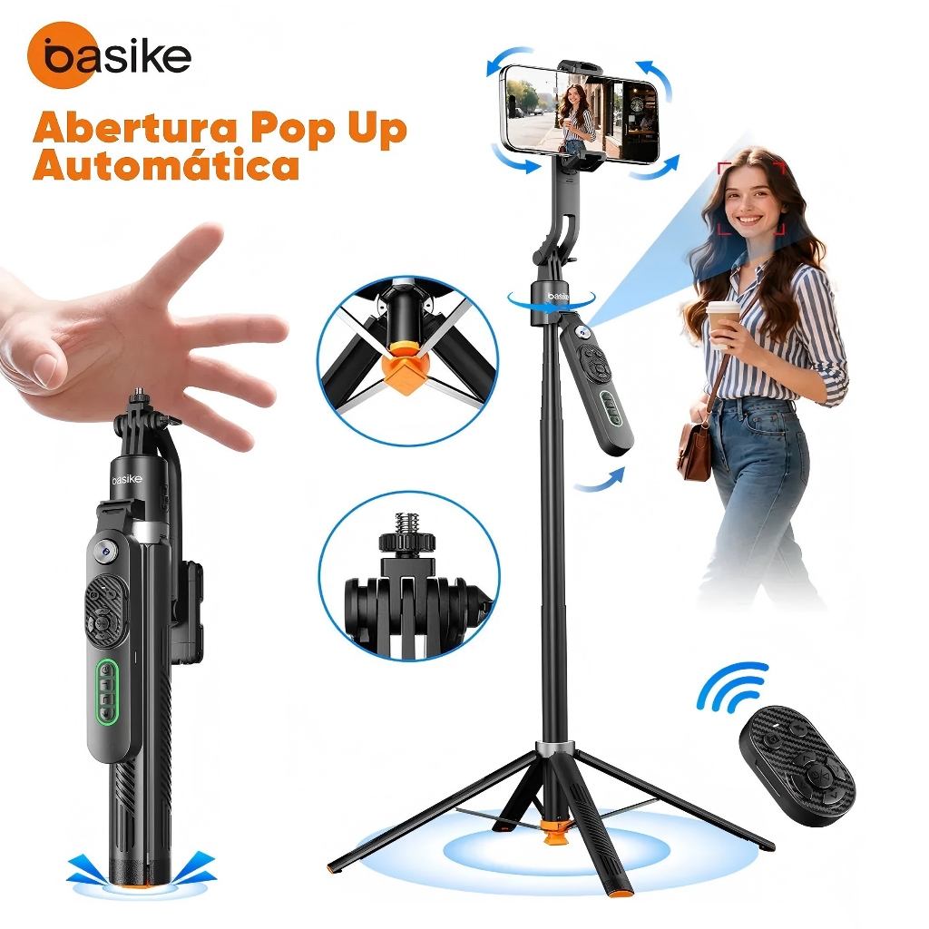 BASIKE Tripé Inteligente 1.8m com Rastreamento Facial AI Estável 360°  Para Celular、Câmera、Vlog E Gopro Abertura Pop-Up