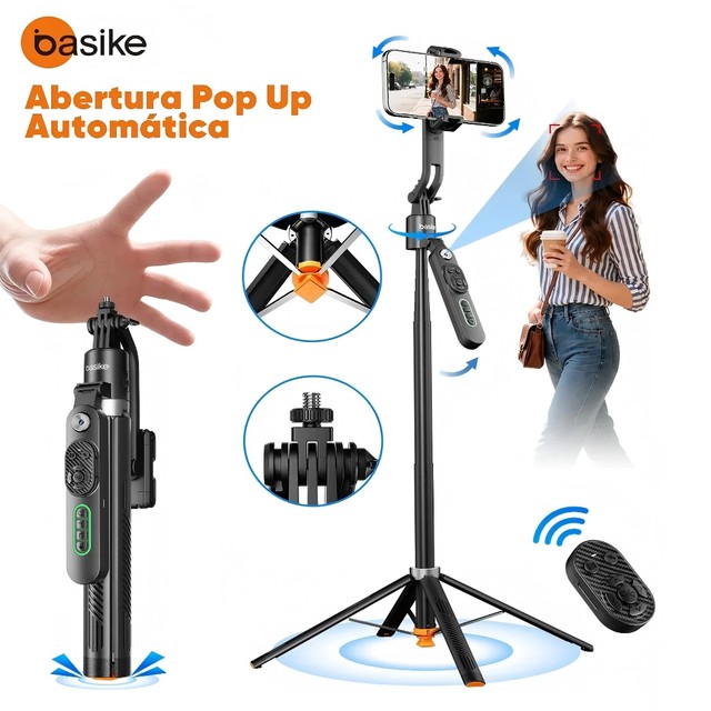 BASIKE Tripé Inteligente 1.8m com Rastreamento Facial AI Estável 360° Para Celular、Câmera、Vlog E Gopro Abertura Pop-Up