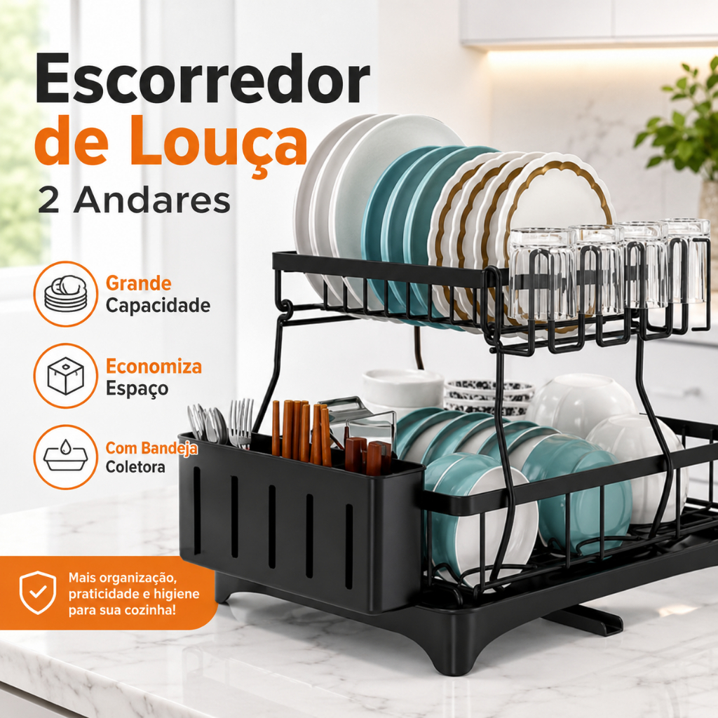 Escorredor de Louças 2 Andares Preto 42cm Organizador de Pia Cozinha com Porta Talheres Porta Copos e Bandeja Coletora