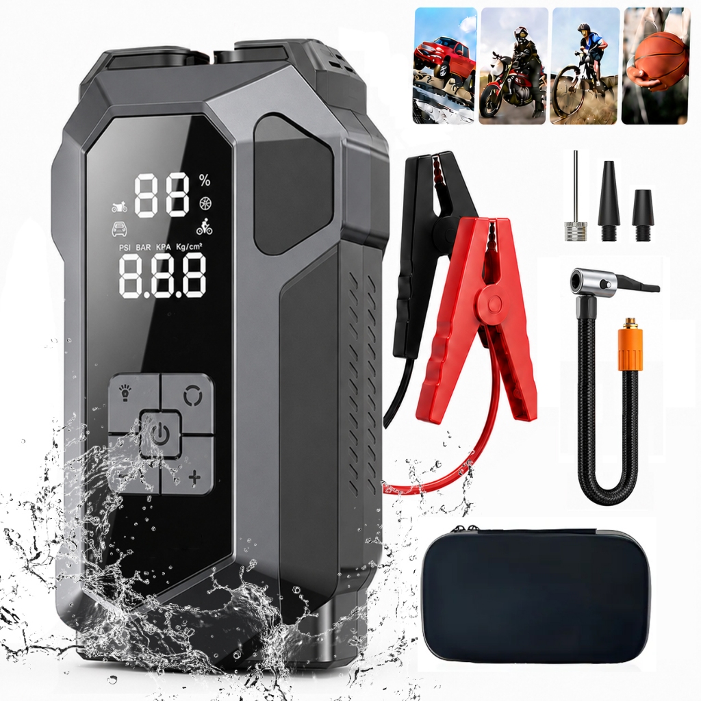 5 em 1 Auxiliar de Partida e Compressor Portátil 26800mAh 150PSI, Carregador de Bateria de Carro, Lanterna LED SOS