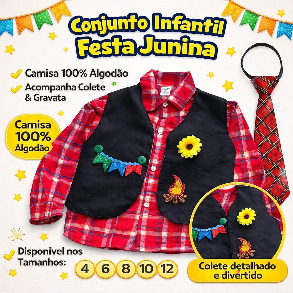 Camisa Xadrez Manga Longa Com Colete Temático Junino Festa Junina São João Roupa Infantil Menino Arraial 4 ao 12