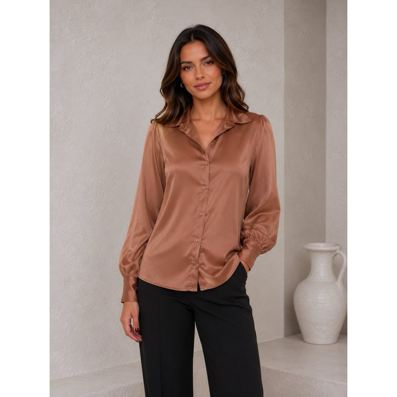 Camisa Social Feminina Acetinada Manga Longa Blusa De Cetim Elegante Com Punho ES-CAM-032
