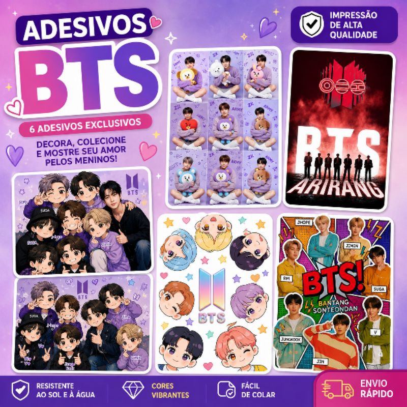 BTS adesivos, 6 adesivos do BTS tamanho A4, ideal para capa de caderno,livros, quadros.Laminado não desbota.Prova dágua