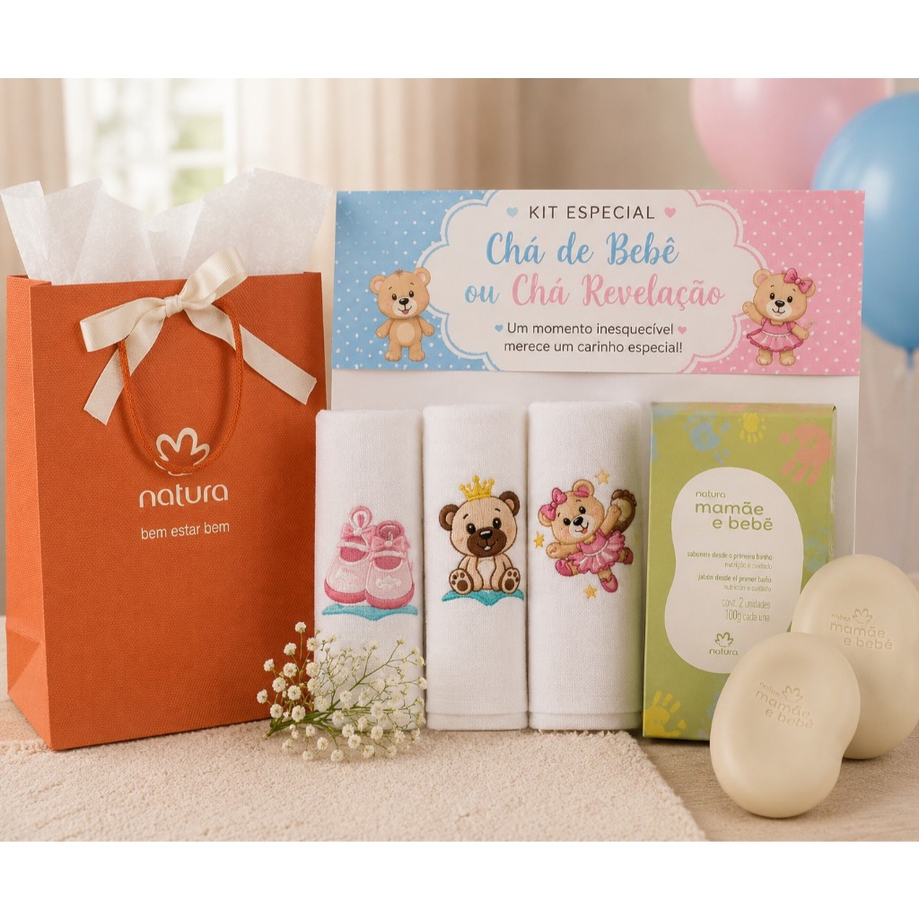 Kit Presente Natura Mamãe e Bebê - 2 Sabonetes + 3 Toalhinhas de boca bordada - Ideal Chá de Bebê/Revelação