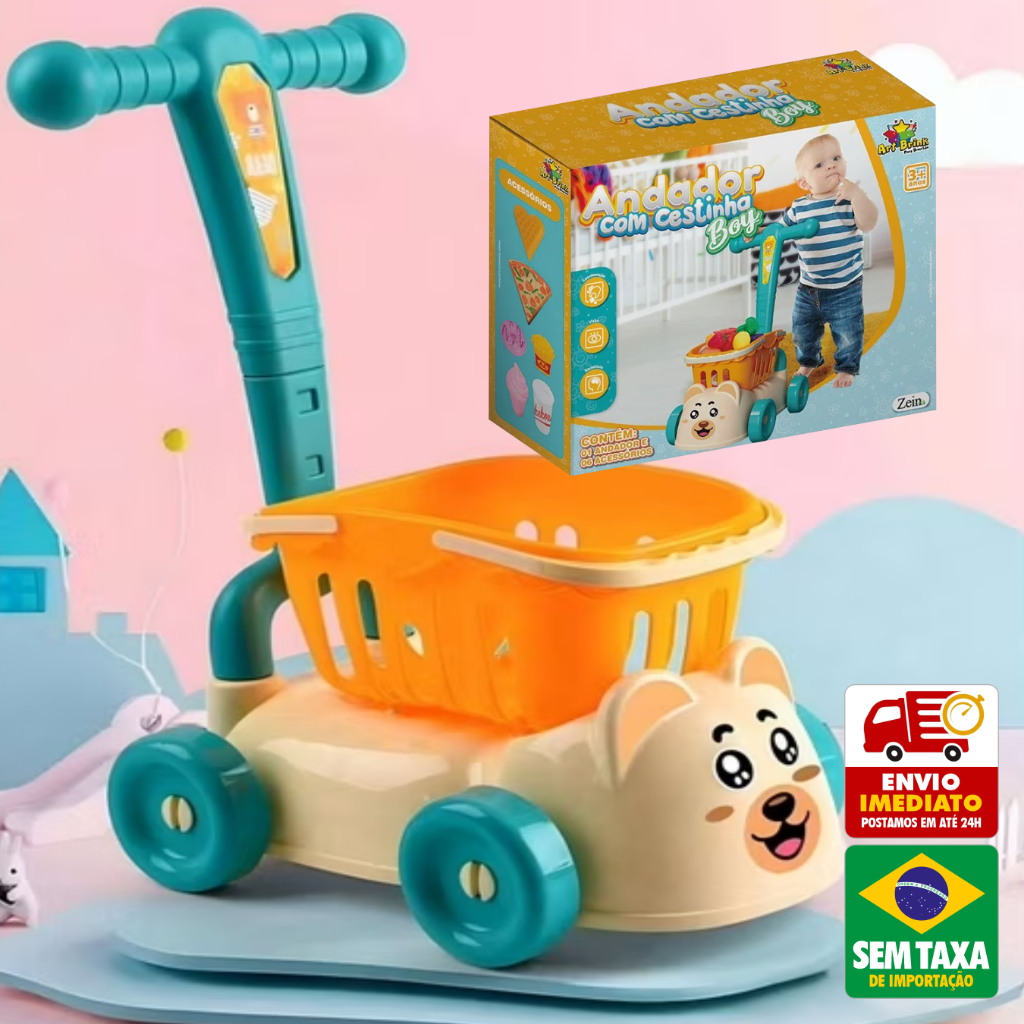 Carrinho de Empurrar Andador Baby Infantil com Cestinha e Brinquedos de Mercadinho Bebê