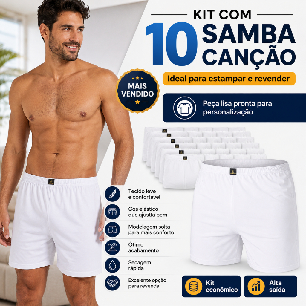 Kit 10 Samba Canção Masculina Branca Lisa Para Estampar Revenda Atacado Cueca Short Confortável