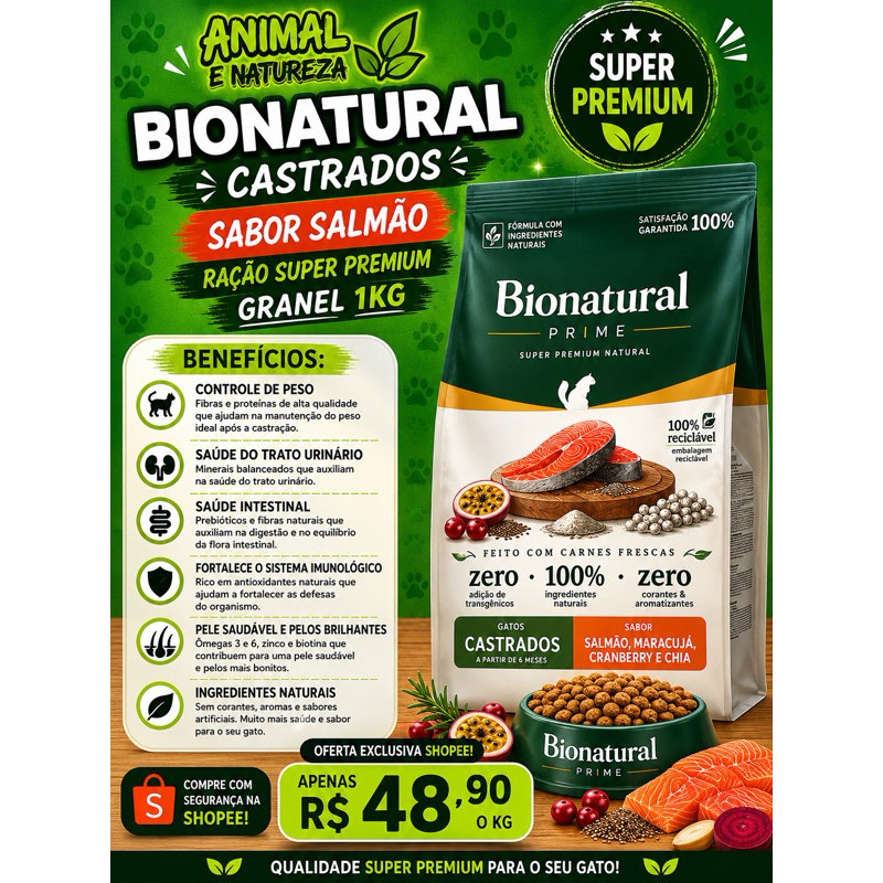 Bio Natural Bio Natural Gatos Castrados Salmão – Ração Super Premium Natural