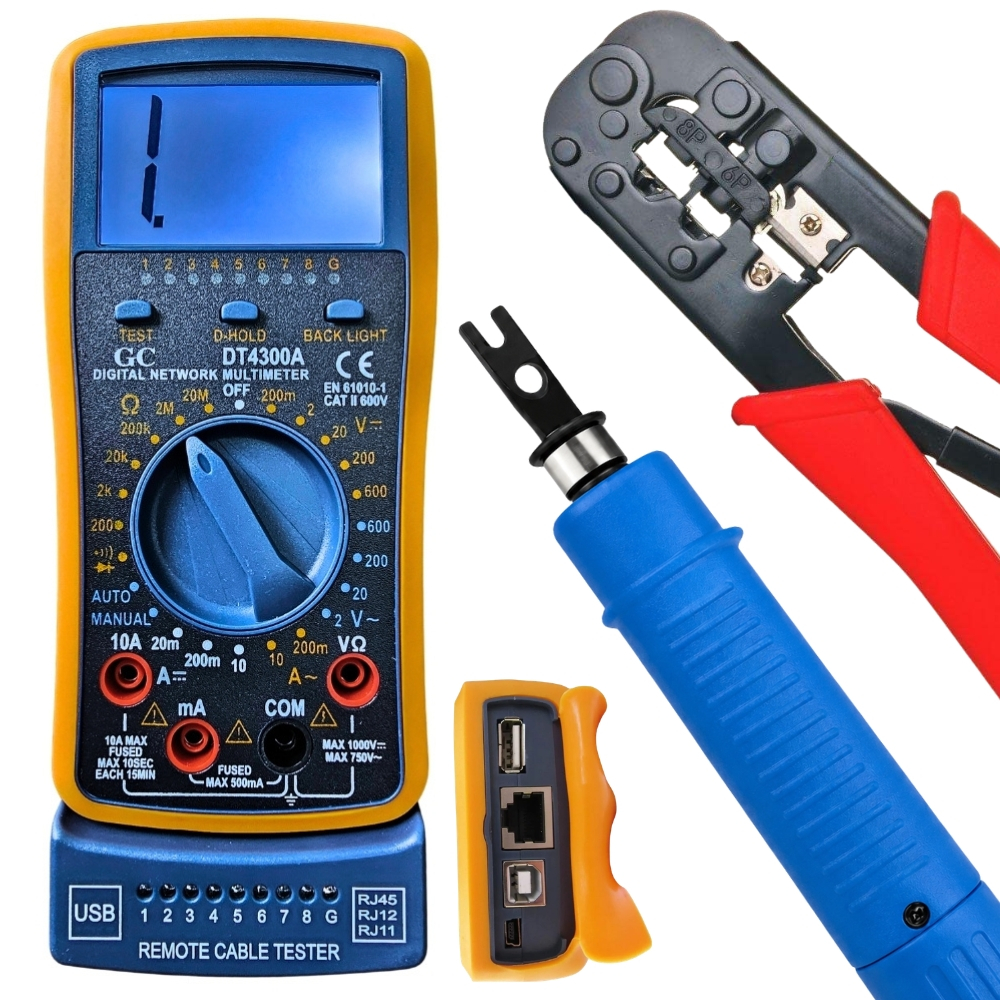 Testador Cabo De Rede Rj45 /USB C/ Multimetro Digital 4300A + Alicate RJ45/11 + Alicate Punch Down