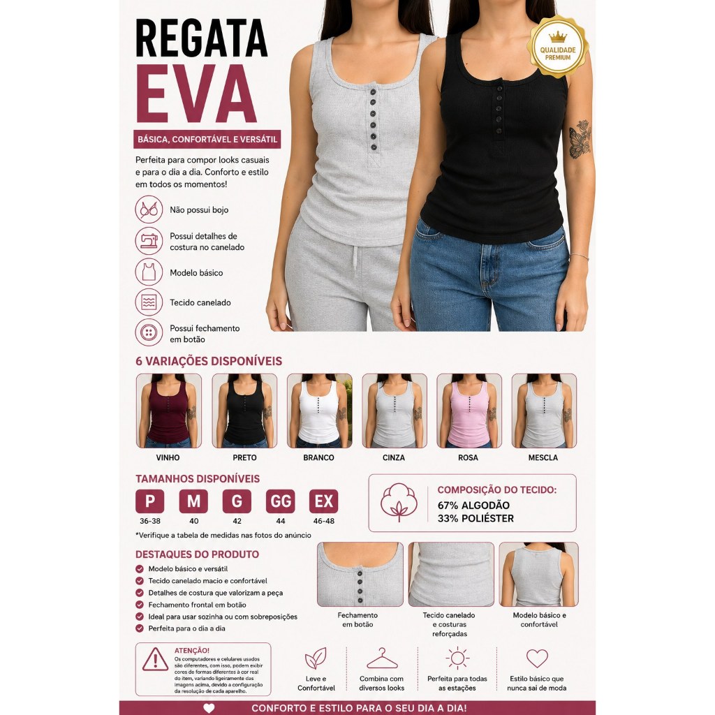 Blusa Regata Feminina Canelada com Botões Básica Casual Algodão Canelado Moda Verão Confortável Ajustada Dia a Dia