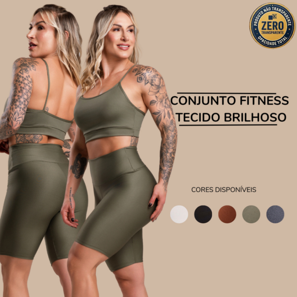 Conjunto Fitness Feminino Brilhoso Academia Top Alcinha e Bermuda Ciclista Lisa Cintura Alta ZERO TRANSPARÊNCIA