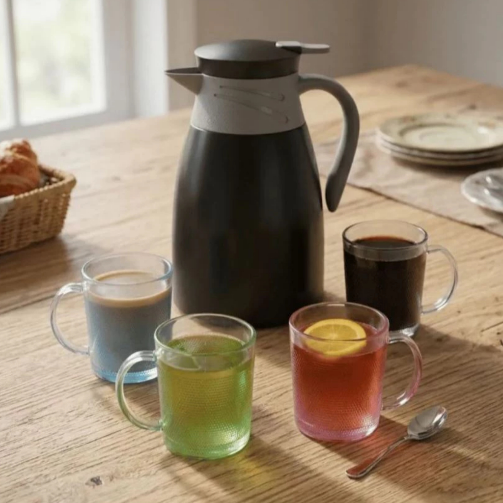 Jogo Garrafa Térmica 1 Litro Victoria com 4 Canecas Sortida Para Servir Bebidas Com Mais Praticidade
