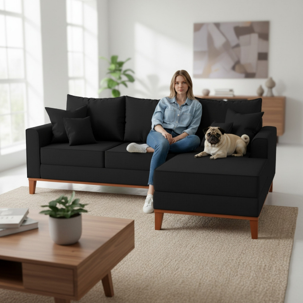 Sofá 3 Lugares Beny com Chaise Direito Linho Preto