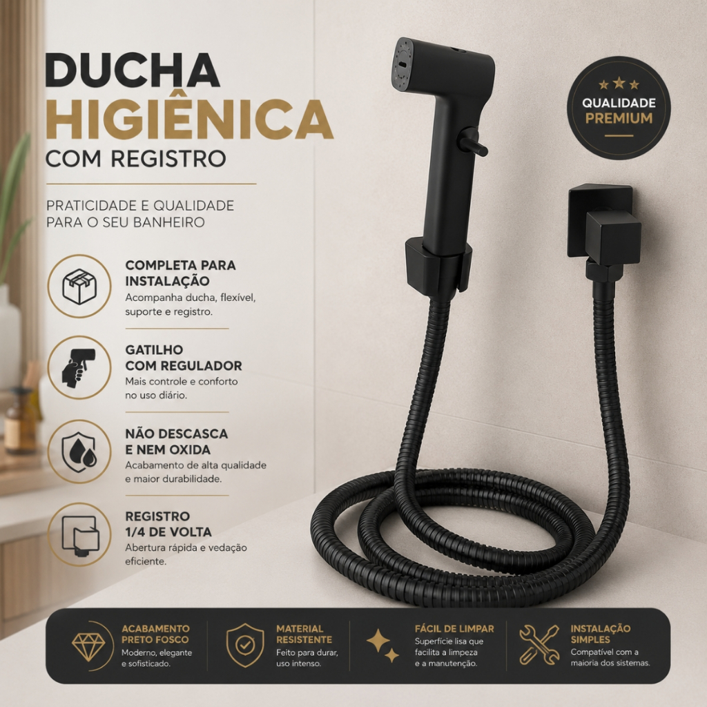Ducha Higiênica Preto Fosco Quadrada Super Luxo 1/4 de Volta para Banheiro / Lav