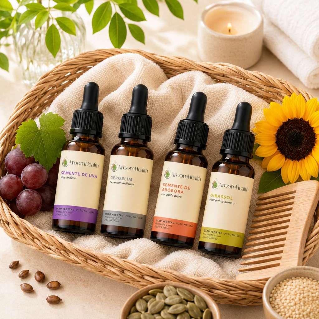Kit de óleos vegetais – Semente de Abóbora, Semente de Uva, Gergelim e Girassol – 20 ml cada