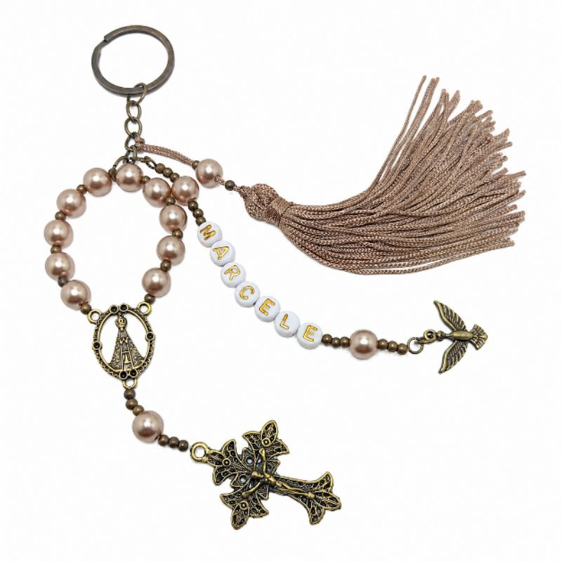 Chaveiro Terço Dezena Nossa Senhora Aparecida Personalizado com Nome Pérola Marrom Ouro Velho Presente Católico