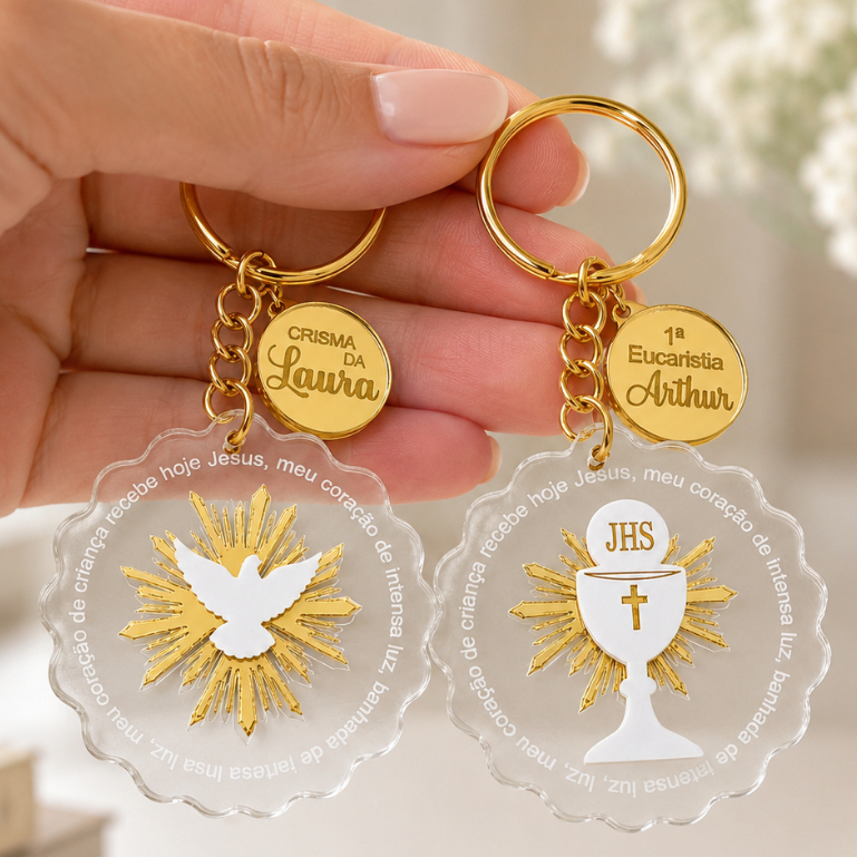 Kit Chaveiro Crisma Eucaristia Personalizado Para Lembrancinha Em Acrílico