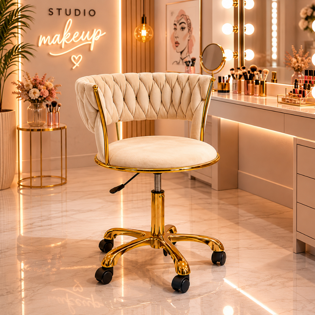 Cadeira Mocho Gold Veludo Branco Base dourada Tattoo Clinica Estética Dentista Podóloga Odontológico Maca Escritório