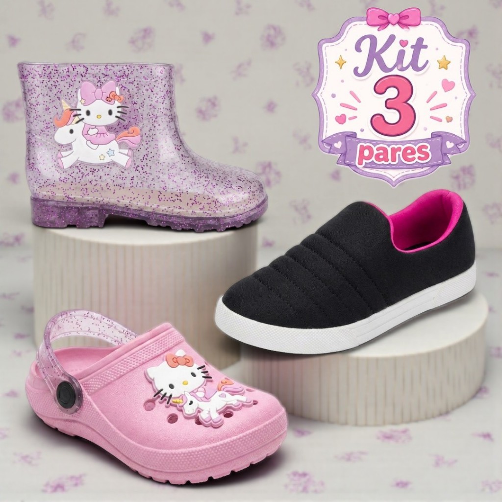 Kit 3 Pares Infantil Menina Galocha, Calce Fácil e Babuche Leve e Delicado