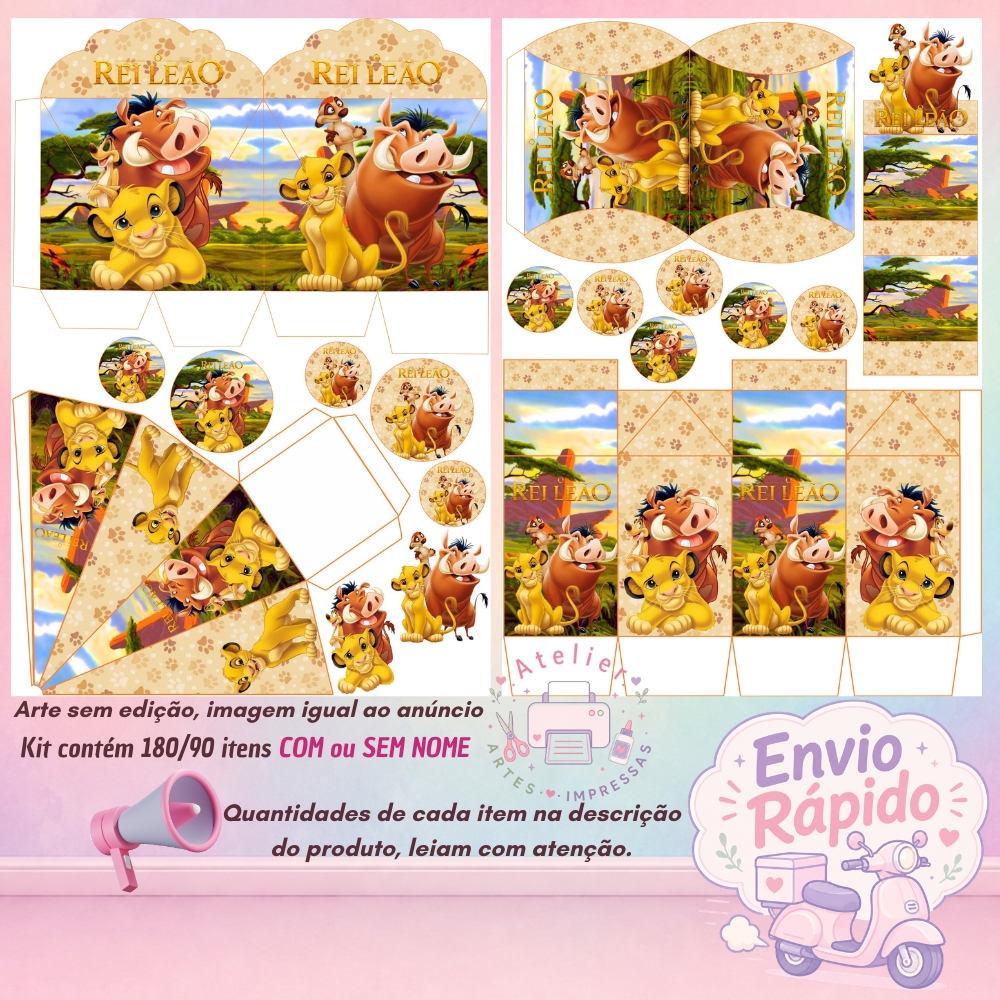 O Rei Leão - Kit de Lembrancinhas com 180/90 Itens (SEM/COM NOME) - Envio 24H