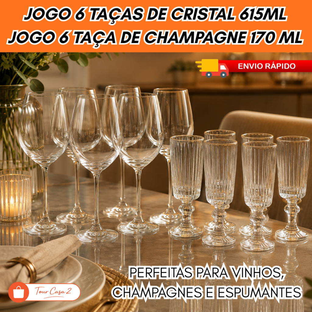 Jogo 6 Taças Cristal 615ml Vinho ou Taças Champagne 170ml Borda Dourada Luxo Elegante Festa Copa