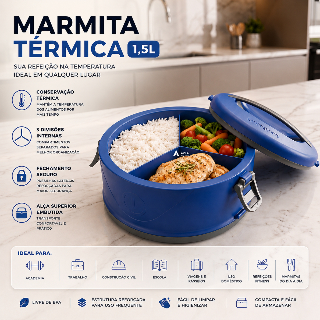 Marmita Térmica Pote Com Divisórias e Alça 1,5L Fit Almoço Refeição Saudável Dieta Trabalho Academia Unitermi Milão