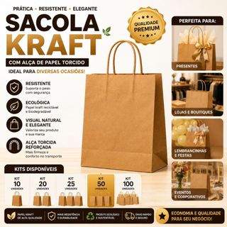 SACOLA DE PAPEL KRAFT PARA PRESENTES E FESTAS Ideal para Lembrancinhas, Eventos e Embalagens